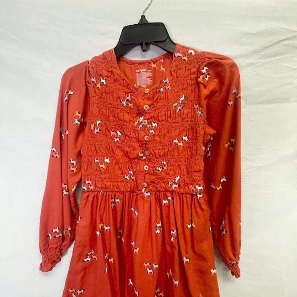 Cat & Jack Rust Orange Smocked Horse Pony Long Sleeved Girl's Dress XL 14